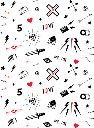 pattern with old school tattoo elements. Seamless background. Black and white.のイラスト素材