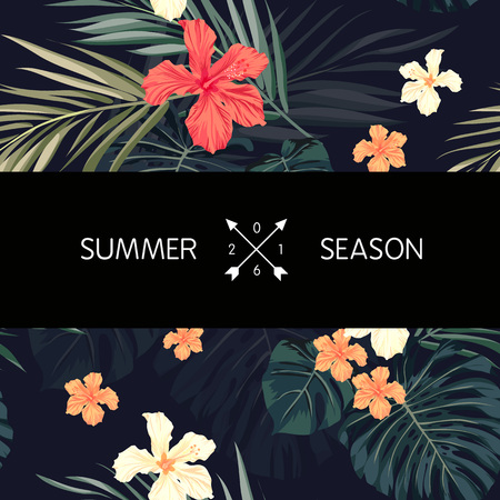 Summer tropical hawaiian sale background with palm tree leaves and exotic flowers, space for text, vector illustration.のイラスト素材