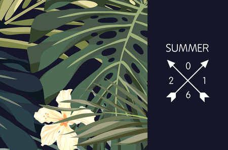 Summer tropical hawaiian sale background with palm tree leaves and exotic flowers, space for text, vector illustration.のイラスト素材