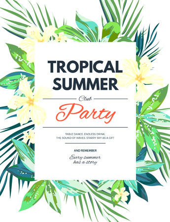 Bright hawaiian design with tropical plants and hibiscus flowers, vector illustrationのイラスト素材