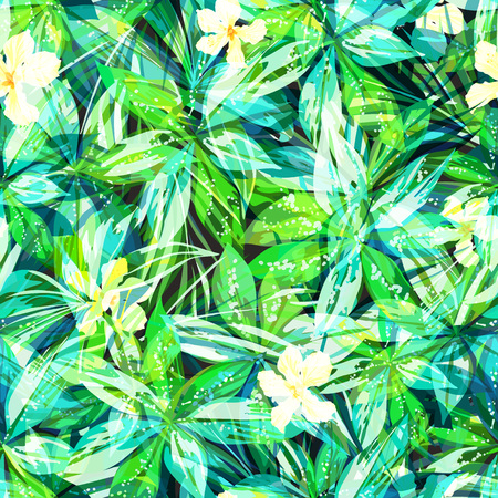 Summer colorful hawaiian seamless pattern with tropical plants and hibiscus flowers, vector illustrationのイラスト素材
