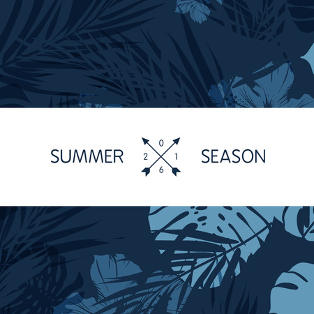 Blue indigo summer tropical hawaiian background with palm tree leaves and exotic flowers, vector illustrationのイラスト素材