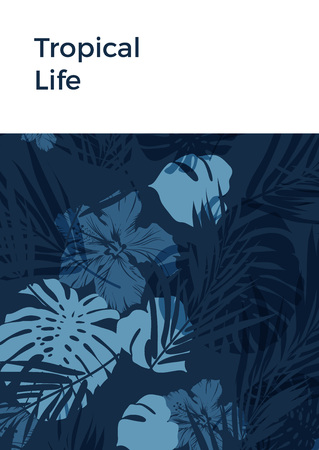 Blue indigo summer tropical hawaiian background with palm tree leaves and exotic flowers, vector illustrationのイラスト素材