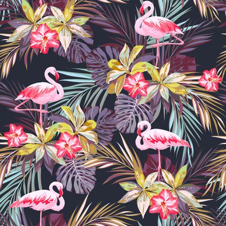 Tropical summer seamless pattern with flamingo birds and exotic plants, vector illustrationのイラスト素材