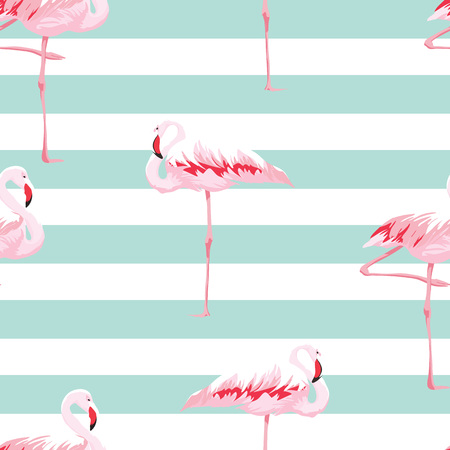 Hand drawn pink flamingo seamless pattern with stripes, vector illustrationのイラスト素材