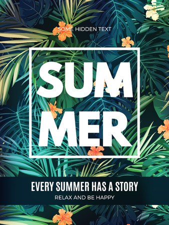 Bright hawaiian design with tropical plants and hibiscus flowers, vector illustrationのイラスト素材