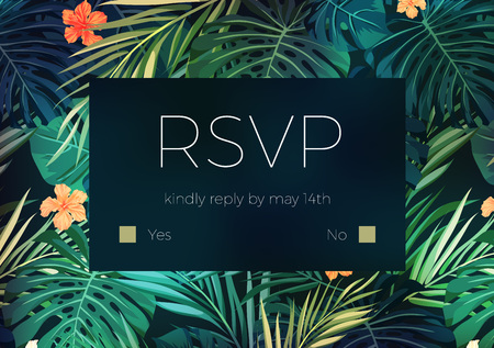 Wedding invitation and card design with exotic tropical flowers and leaves, vector illustrationのイラスト素材