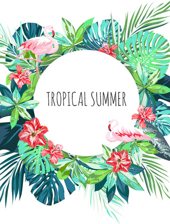 Bright hawaiian design with flamingos, tropical plants and hibiscus flowers, vector illustrationのイラスト素材