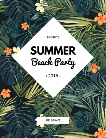 Bright hawaiian design with tropical plants and hibiscus flowers, vector illustrationのイラスト素材