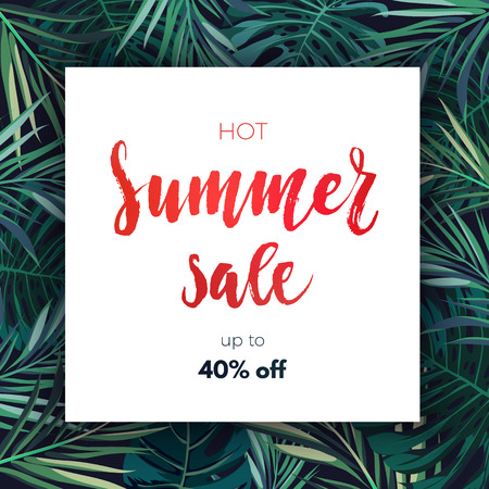 Summer sale concept. Calligraphy banner with tropical flowers and green exotic leaves. Vector illustration.のイラスト素材
