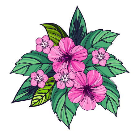Tropical bouquet of hibiscus flowers and leaves, vector illustrationのイラスト素材