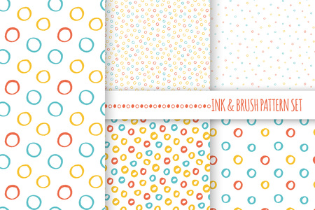 Set of seamless vector free hand multicolored baby doodle polka dot and circle textures, dry brush ink art.のイラスト素材