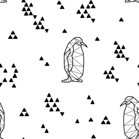 Black and white tribal vector pattern with penguins and triangles.のイラスト素材