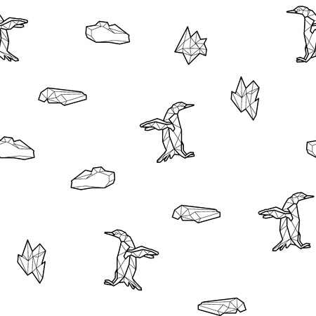 Seamless black and white kids tribal vector pattern with penguins and ice floes.のイラスト素材