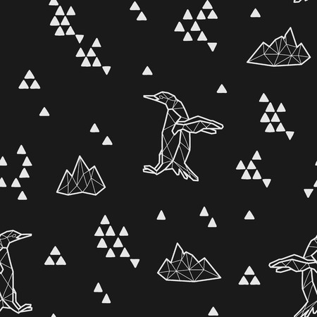 Seamless black and white kids tribal vector pattern with penguins and triangles.のイラスト素材