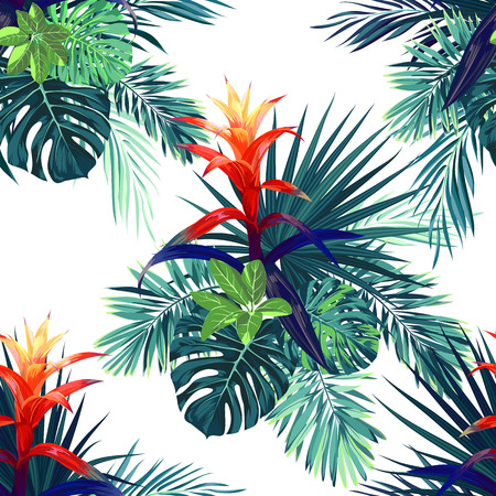 Hand drawn vector seamless tropical floral pattern with guzmania flowers.のイラスト素材