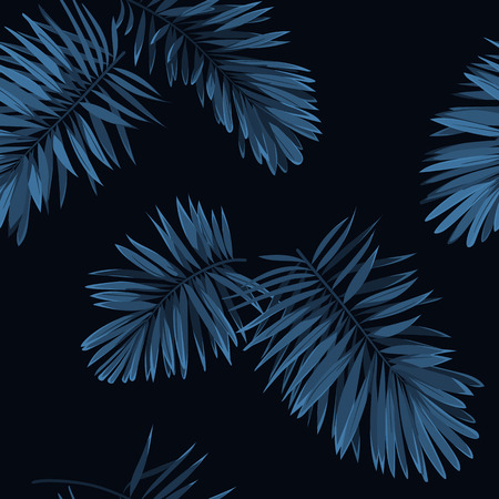 Seamless vector indigo blue pattern with monstera palm leaves on dark background. Summer tropical fabric design.のイラスト素材