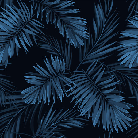 Seamless vector indigo blue pattern with monstera palm leaves on dark background. Summer tropical fabric design.のイラスト素材