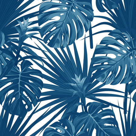 Blue denim floral pattern with exotic plants and monstera palm leaves.のイラスト素材