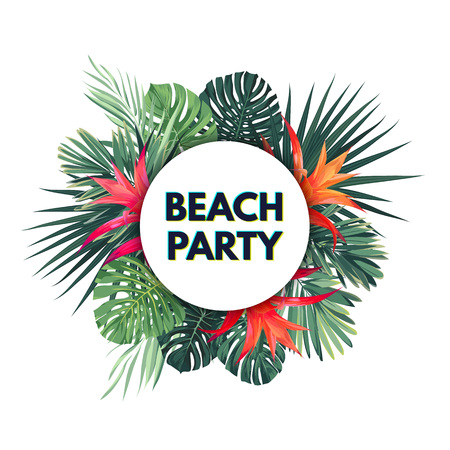 Bright vector floral banner template for summer beach party. Tropical flyer with green exotic palms and red flowers.のイラスト素材