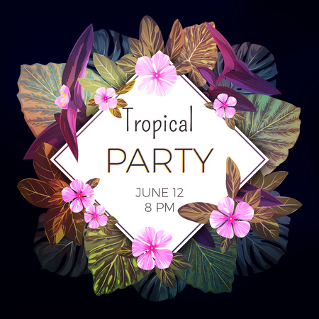 Summer tropical vector background with exotic palm leaves and pink flowers. Jungle floral party flyer templateのイラスト素材