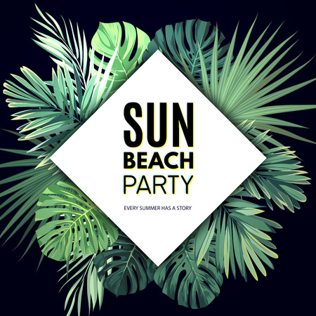 Bright vector floral banner template for summer beach party. Tropical flyer with exotic palm leaves and plants.のイラスト素材