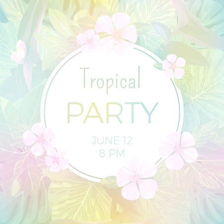 Pale vector tropical background with palm leaves and exotic flowers.のイラスト素材