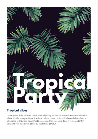Dark vector tropical summer party flyer design with green jungle palm leaves.の写真素材