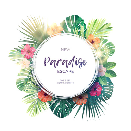 Green summer tropical background with exotic palm leaves and hibiscus flowers. Vector floral background.のイラスト素材