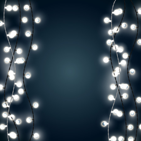Set of vertical white garland style christmas lights on the dark blue background. Vector design of outdoor patio incandescent light strings.のイラスト素材