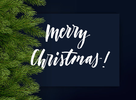 Dark blue christmas background with green branches of Christmas tree and lettering. Vector template.のイラスト素材