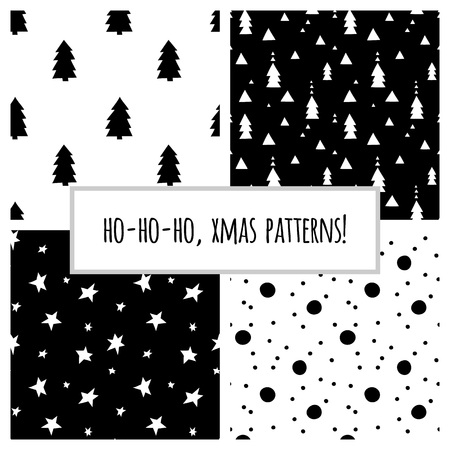 Set of black and white seamless patterns with Christmas trees and stars for Christmas and New Years wrapping paper. Vector illustration.のイラスト素材