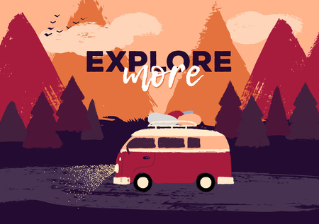 Vector flat retro illustration of a friend or family road trip on the hippie van through the dark night forest. Motivational quote about exploring. Fir trees and mountains on the background. Sunset colors.のイラスト素材