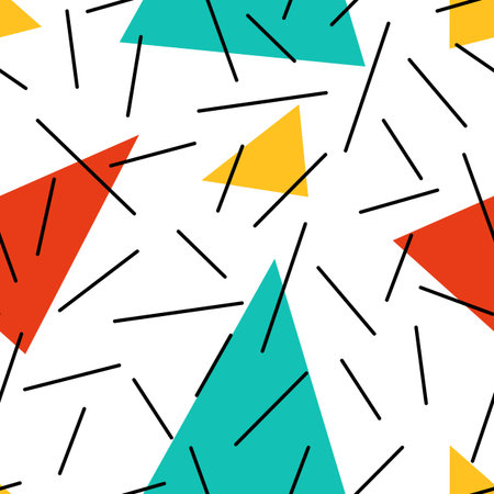 Black and white geometric memphis pattern with irregular lines and bright color triangles. 80s and...