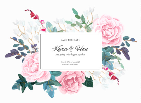 Botanical wedding invitation design with pale roses, succulents, eucalyptus flowers and green leaves on white background. Floral bouquet decoration. Vector illustration.のイラスト素材