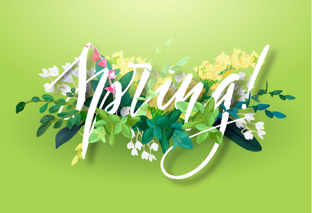 Bright spring design with a botanical bouquet of flowers, leaves and plant branches on a green background. Lettering with the effect of 3d.のイラスト素材