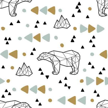 Seamless tribal pattern with low poly polar bears and triangles. Kids and baby fashion fabric design. Vector illustration.のイラスト素材