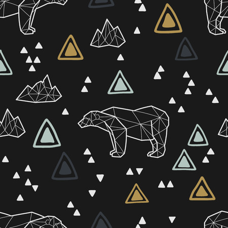 Seamless tribal pattern with low poly polar bears and triangles.のイラスト素材