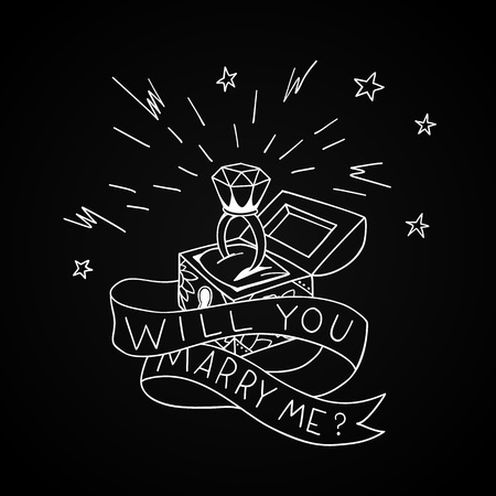 Dead man chest whit a wedding rind with diamond and shiny crown. Will you marry me design in traditional tattoo style. Vector illustration.のイラスト素材