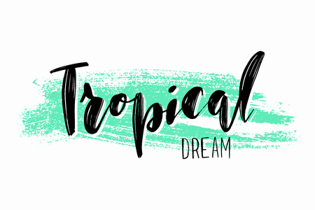 Hand drawn summer lettering. Tropical traveling and vacation calligraphy inscription. Vector illustration.のイラスト素材
