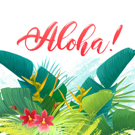 Summer tropical sale design with exotic palm leaves and red flowers. Jungle vector floral template.のイラスト素材