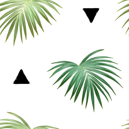 Tropical background with jungle plants. Seamless vector tropical pattern with green palm leaves and...