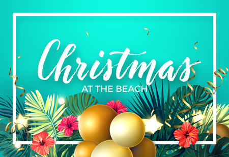 Tropical Christmas on the beach design with monstera palm leaves, hibiscus flowers, xmas balls, gold glowing stars and light bulbs, vector illustration.のイラスト素材