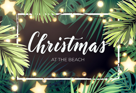 Tropical Christmas on the beach design with monstera palm leaves gold glowing stars and light bulb garlands, vector illustration.のイラスト素材