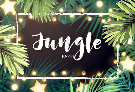 Tropical Christmas on the beach design with monstera palm leaves gold glowing stars and light bulb garlands, vector illustration.のイラスト素材