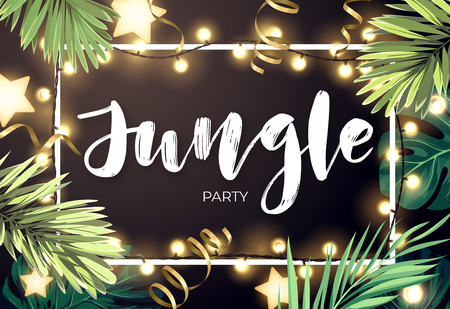 Tropical Christmas on the beach design with monstera palm leaves gold glowing stars and light bulb garlands, vector illustration.のイラスト素材