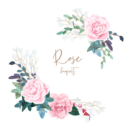 Decorative corner composition of pale roses, white spring flowers, eucalyptus and succulents. Light floral bouquet for wedding invitations and romantic cards. Hand drawn vector illustration.