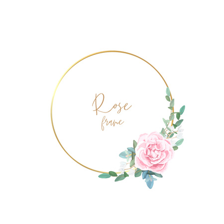 Gold frame with pale roses, eucalyptus leaves and succulent plants. Modern minimalistic vector design.のイラスト素材