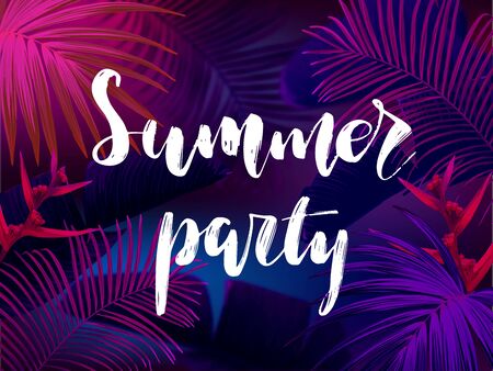Dark blue and violet tropical party design with palm leaves and neon letters. Summer night vector illustration.のイラスト素材