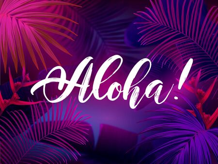 Dark blue and violet tropical party design with palm leaves and neon letters. Summer night vector illustration.のイラスト素材